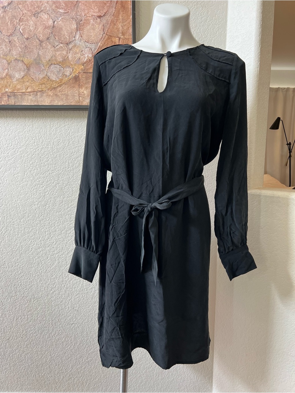 Brochu Walker M Classic Black Long-Sleeve Tie-Waist Dress GUC